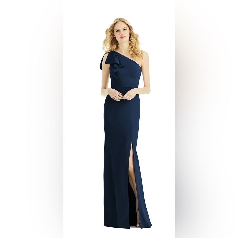 After six navy one shoulder evening dress